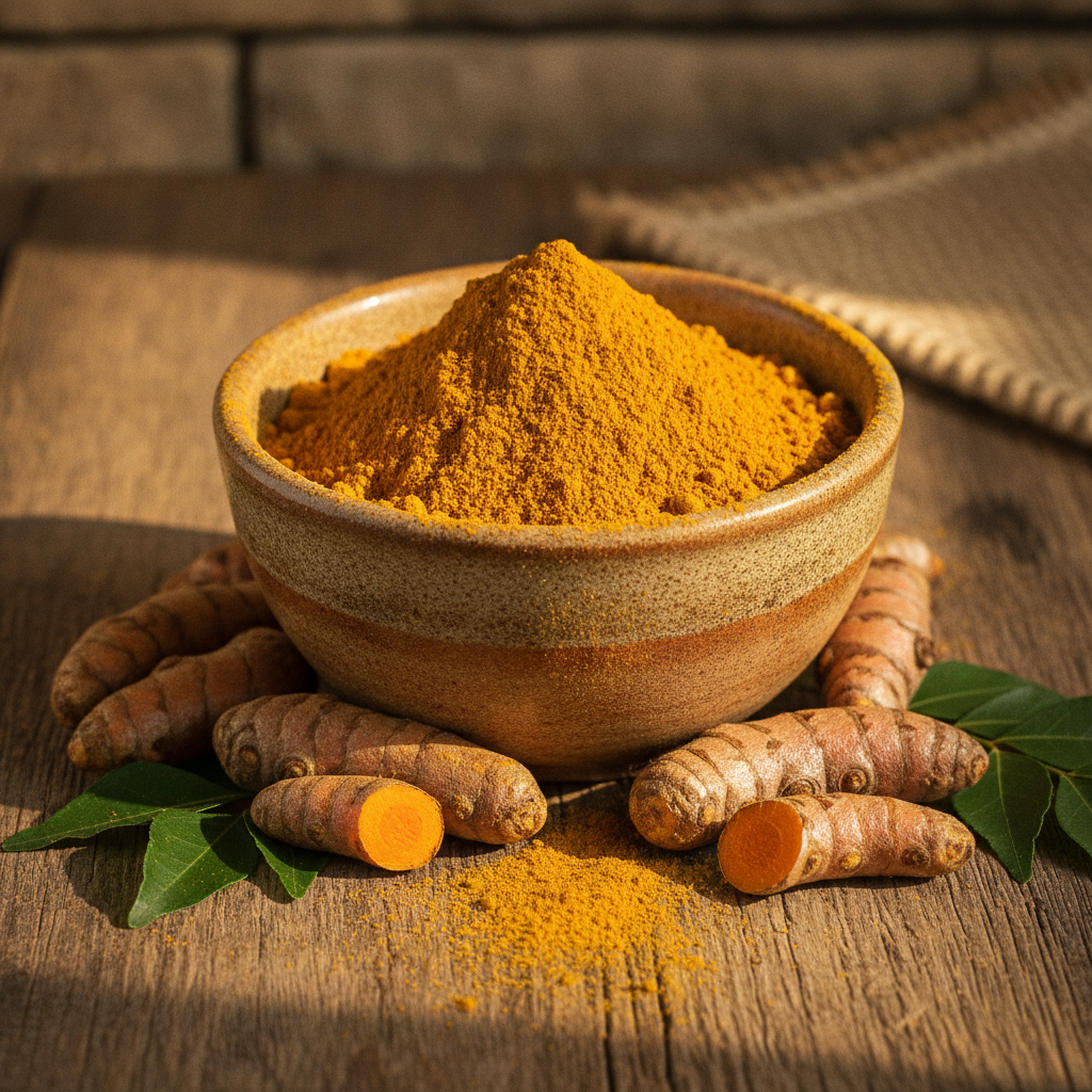 A ceramic bowl filled with vibrant golden turmeric powder surrounded by fresh turmeric roots on a wooden surface