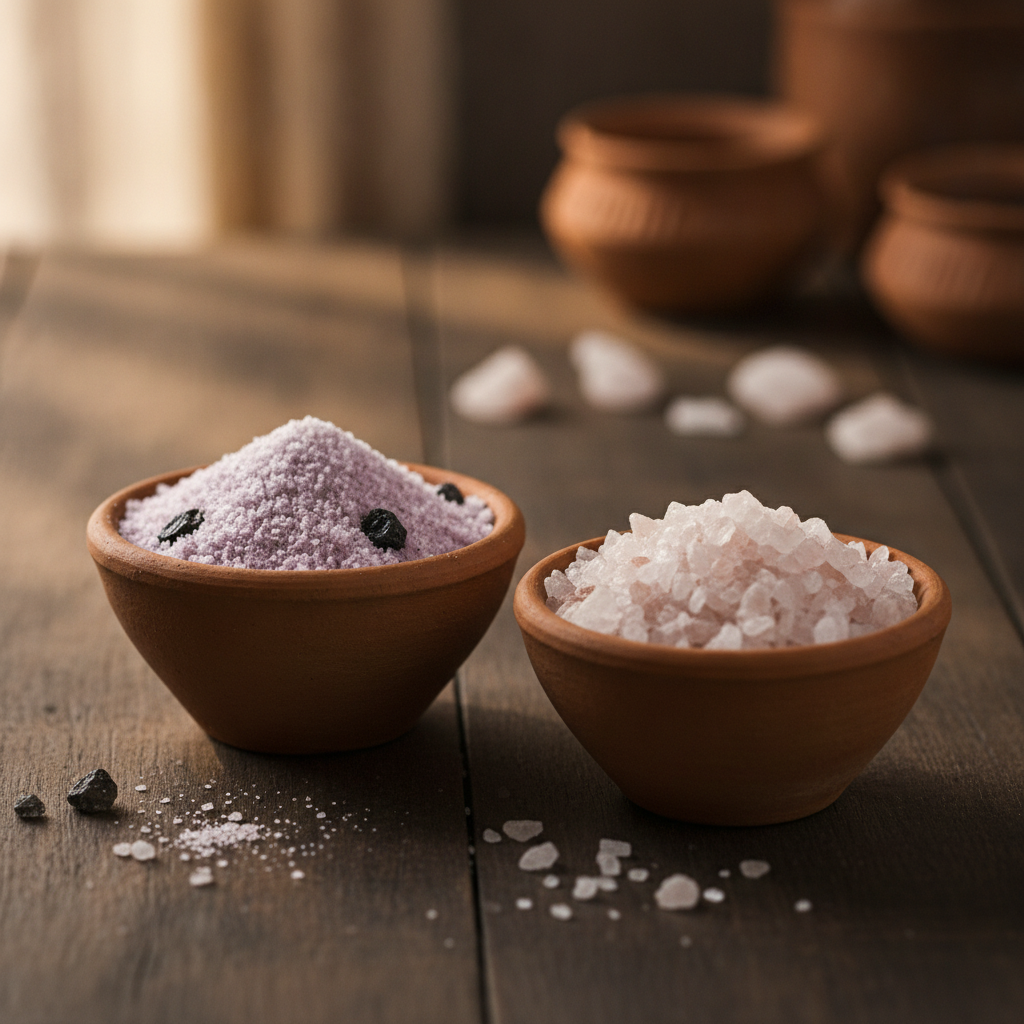 Two clay bowls of kala namak black salt and sendha namak pink rock salt on a wooden surface