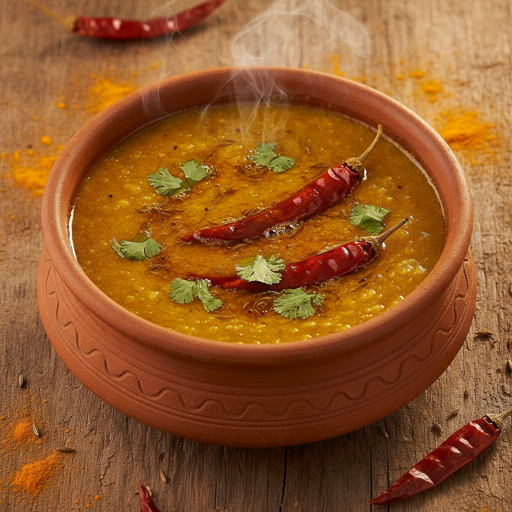 Steaming golden dal tadka in a rustic clay bowl with red chillies, cumin seeds and fresh coriander garnish
