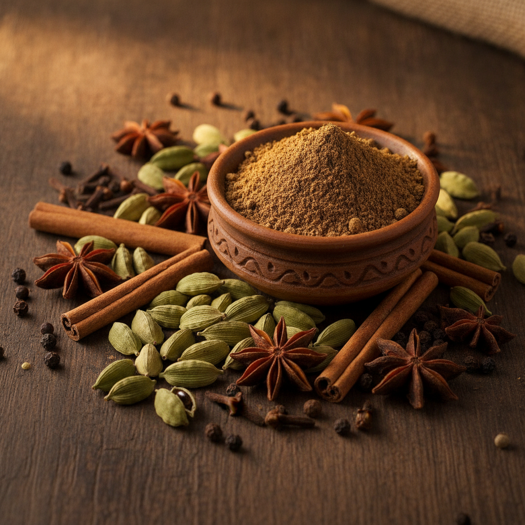 Whole Indian spices including green cardamom, cinnamon sticks, cloves and star anise arranged with a bowl of freshly ground garam masala powder on a dark wooden surface