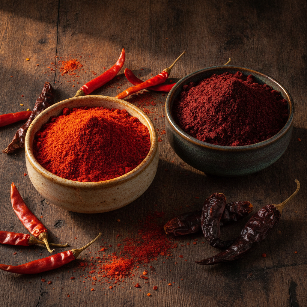 Two bowls of red chilli powder side by side — bright lal mirch on the left and deep Kashmiri mirch on the right, with dried red chillies on a wooden surface