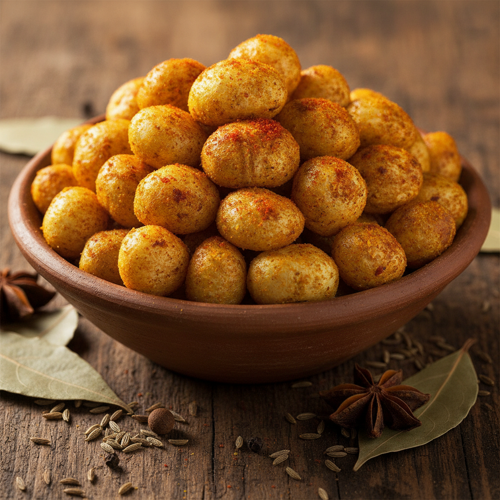 Crispy golden roasted masala makhana fox nuts in a clay bowl with red chili and turmeric spices