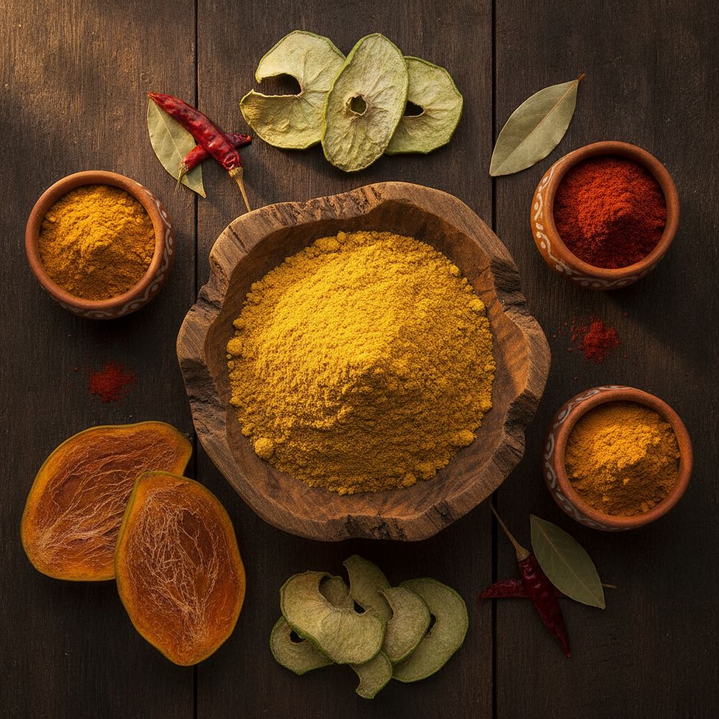 Golden amchoor dry mango powder in a wooden bowl surrounded by dried mango slices and Indian spices