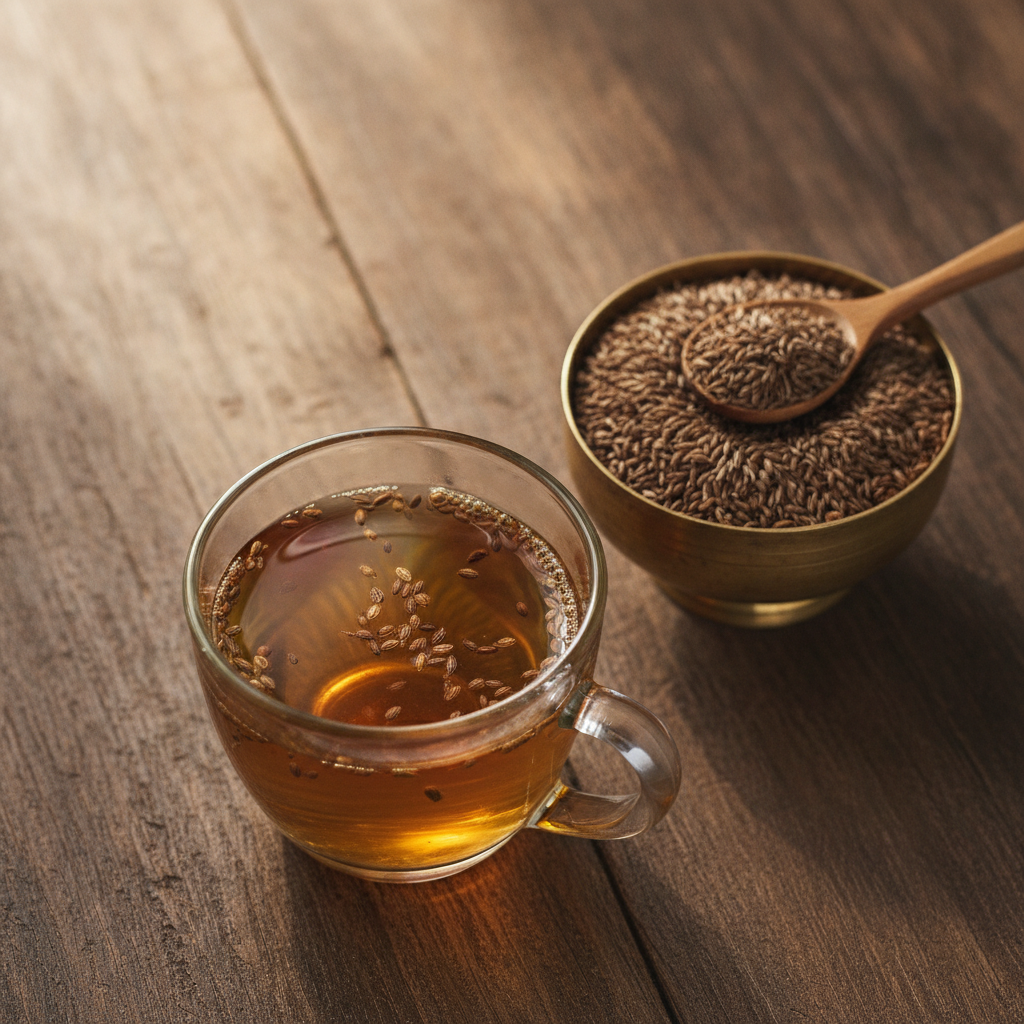 Warm ajwain water (carom seed tea) in a glass with whole ajwain seeds in a brass bowl on a wooden table