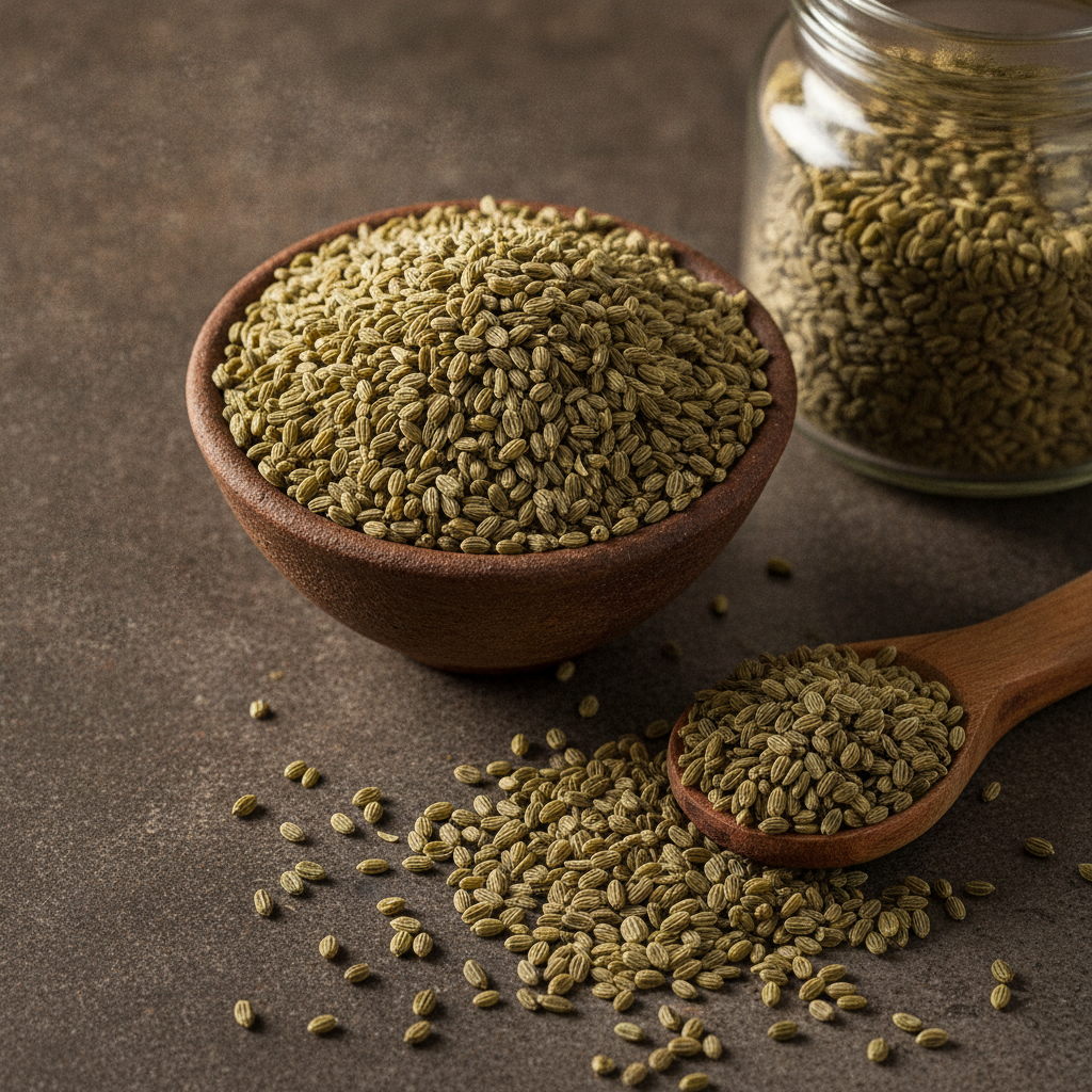 Bowl of ajwain (carom seeds) with a wooden spoon and glass storage jar on a dark stone surface