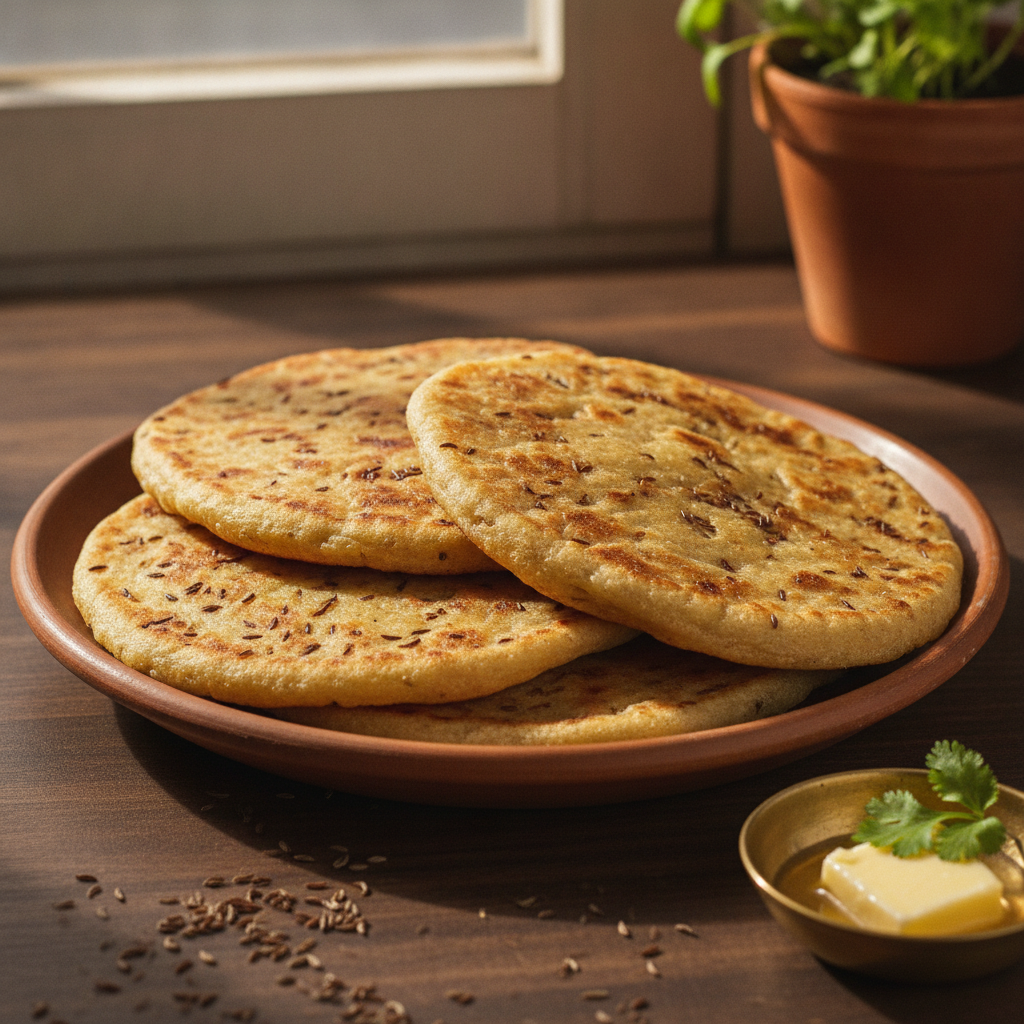 Golden-brown ajwain paratha flatbreads on a rustic clay plate with carom seeds scattered around