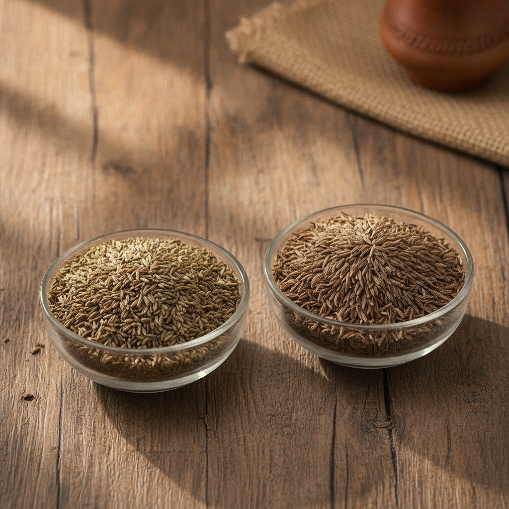 Two bowls of whole ajwain and jeera seeds side by side on a wooden table