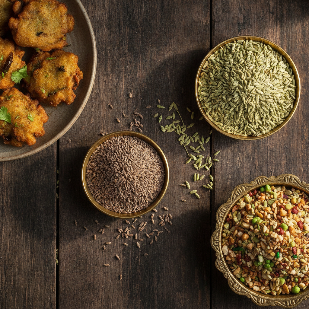Brass bowls of ajwain carom seeds and saunf fennel seeds with besan pakoras on a dark wooden table