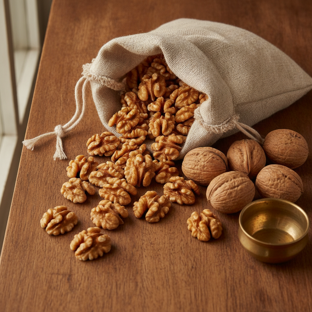 Fresh whole walnut kernels (akhrot) spilling from a linen pouch onto a wooden table with in-shell walnuts beside a brass bowl