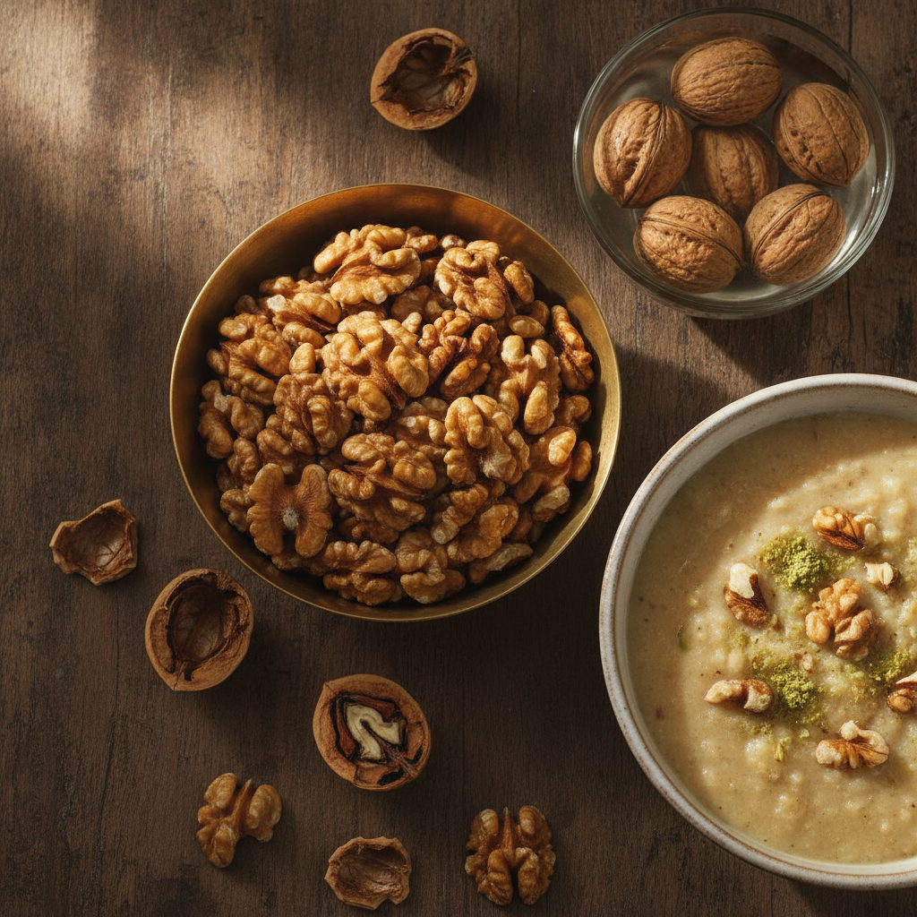 Brass bowl of walnut kernels (akhrot) with whole walnuts in a glass bowl and kheer topped with chopped walnuts