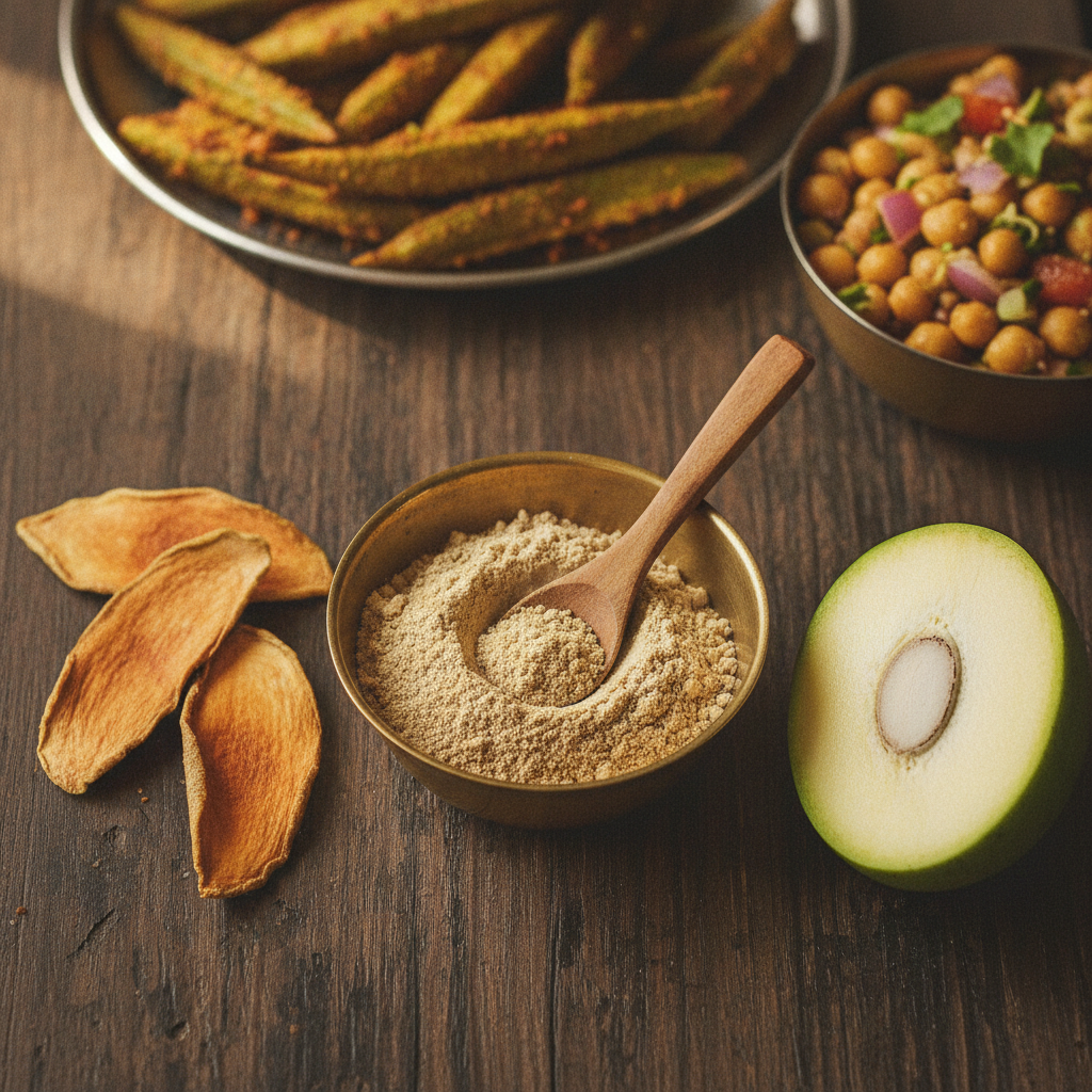 Brass bowl of amchoor dry mango powder with wooden spoon, sun-dried raw mango slices, halved green mango, bhindi fry and chana chaat