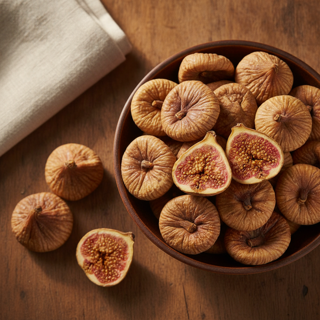 Soft dried figs (anjeer) in a rustic ceramic bowl on a wooden table, some sliced open to show the seeded inside
