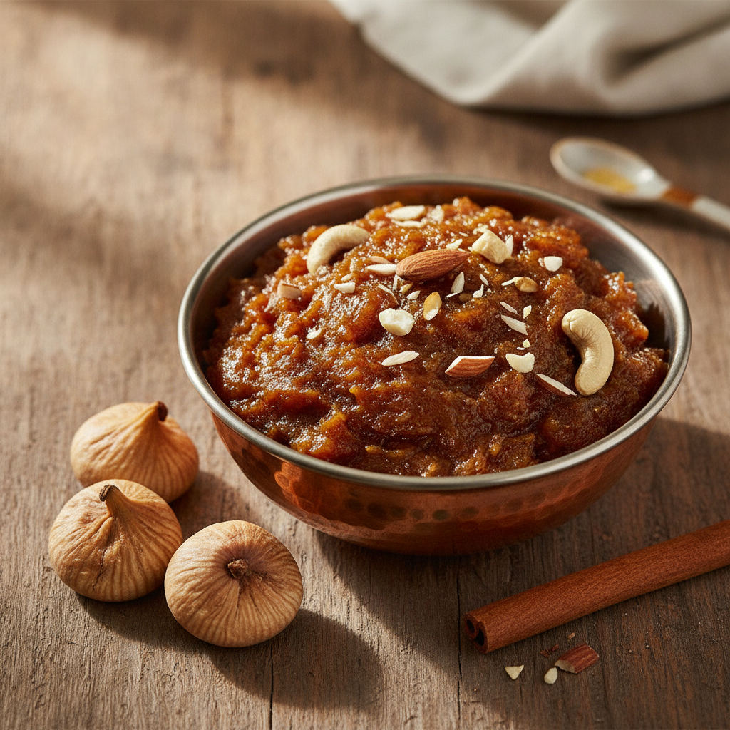 Anjeer halwa dried fig dessert garnished with almonds and cashews in a copper bowl