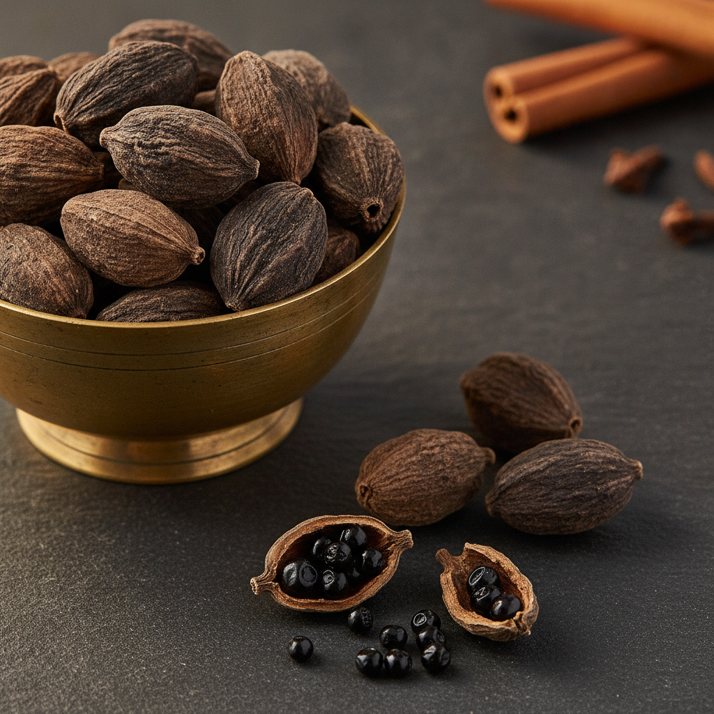 Whole dried black cardamom pods (badi elaichi) in a brass bowl with a cracked pod showing black seeds, beside cinnamon and cloves