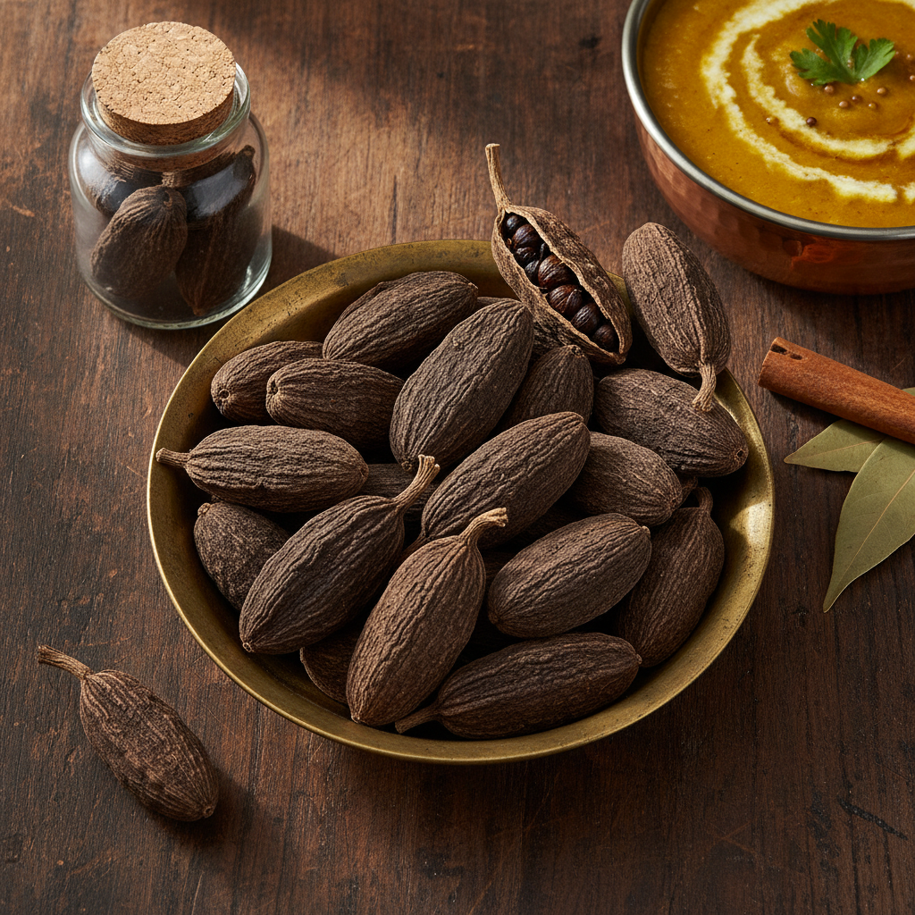 Whole black cardamom (badi elaichi) pods in a brass bowl with a split pod showing seeds, a jar of pods and a bowl of dal
