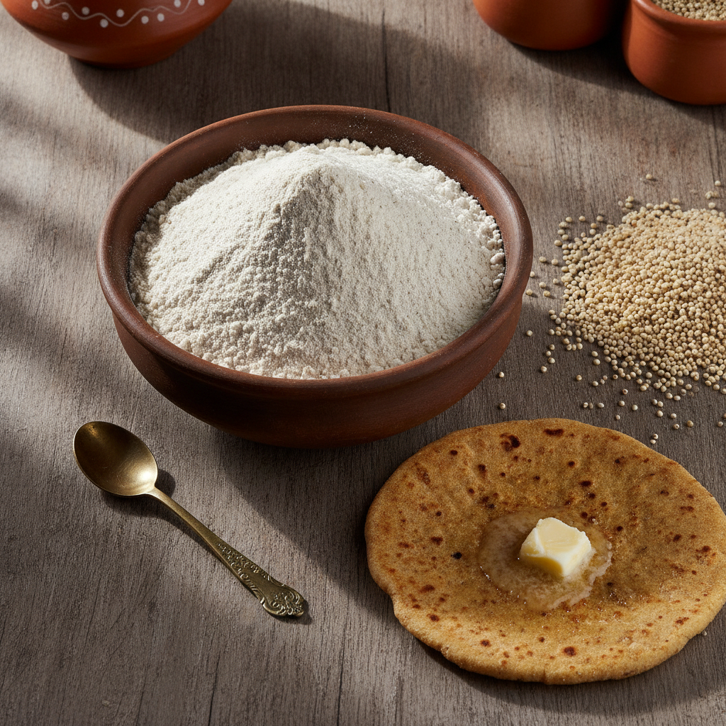 Fresh bajra atta (pearl millet flour) in a clay bowl with whole bajra grains and a bajra roti with butter