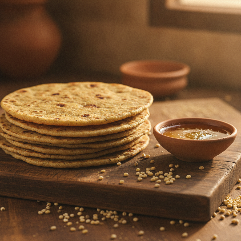 Golden bajra rotis stacked on a wooden board with a bowl of ghee and pearl millet grains — ODM Bajra Atta