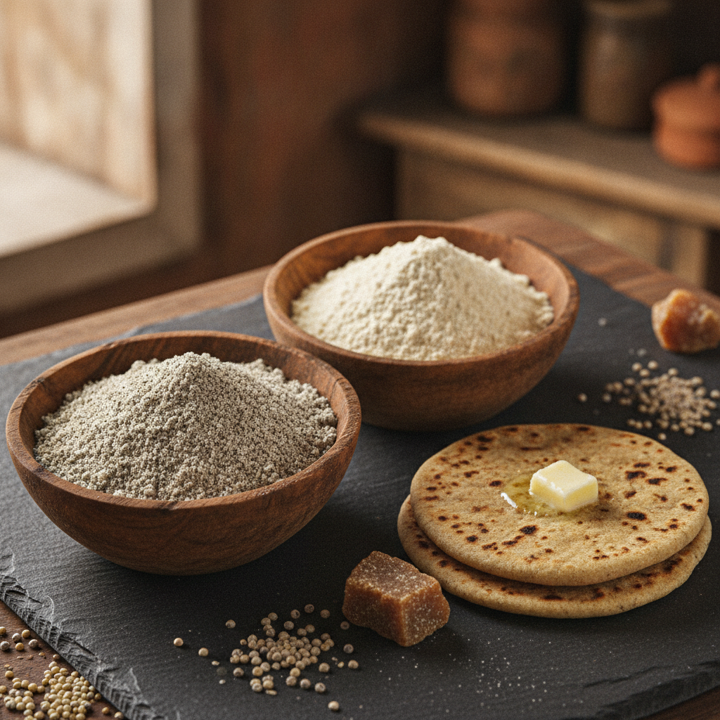 Bowls of grey bajra atta and cream jowar atta beside warm millet rotis with butter and jaggery