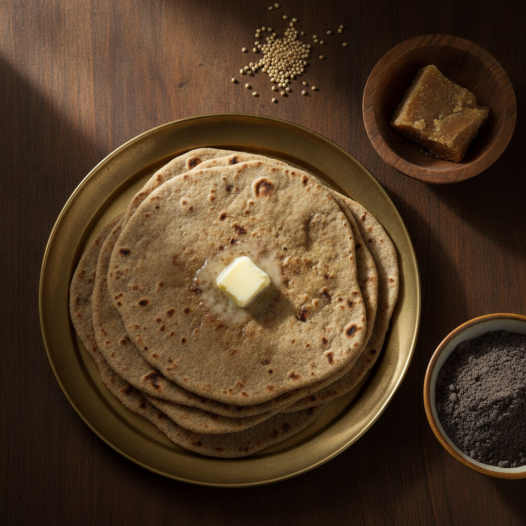 Stack of soft homemade bajra roti (pearl millet flatbread) on a brass plate with white butter, jaggery and bajra atta