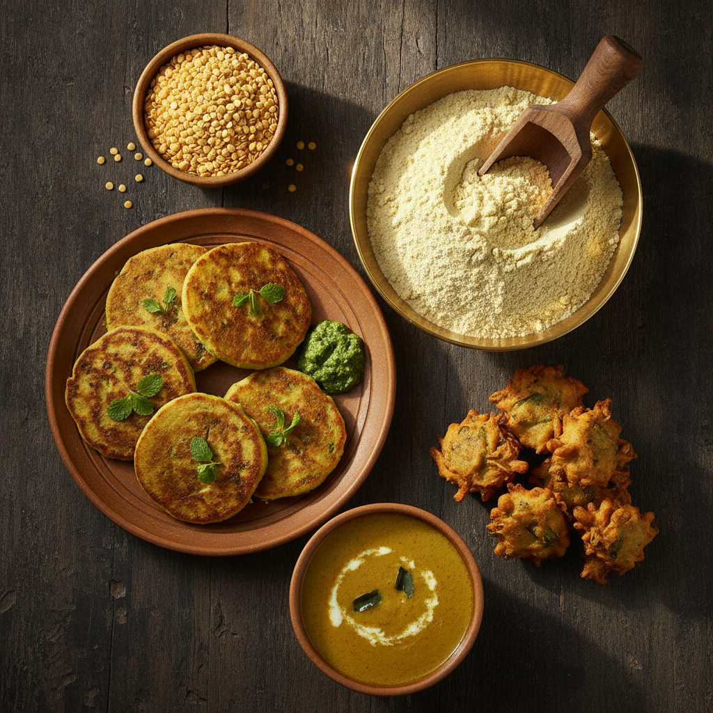 Brass bowl of besan gram flour with chana dal, besan chilla, kadhi and pakoras on dark wood