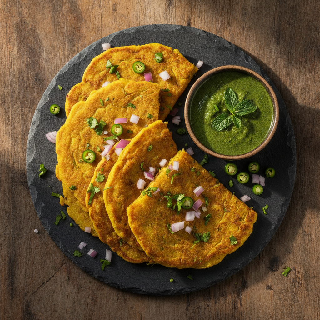 Crispy golden besan chilla pancakes with green coriander chutney — ODM Chana Besan recipe