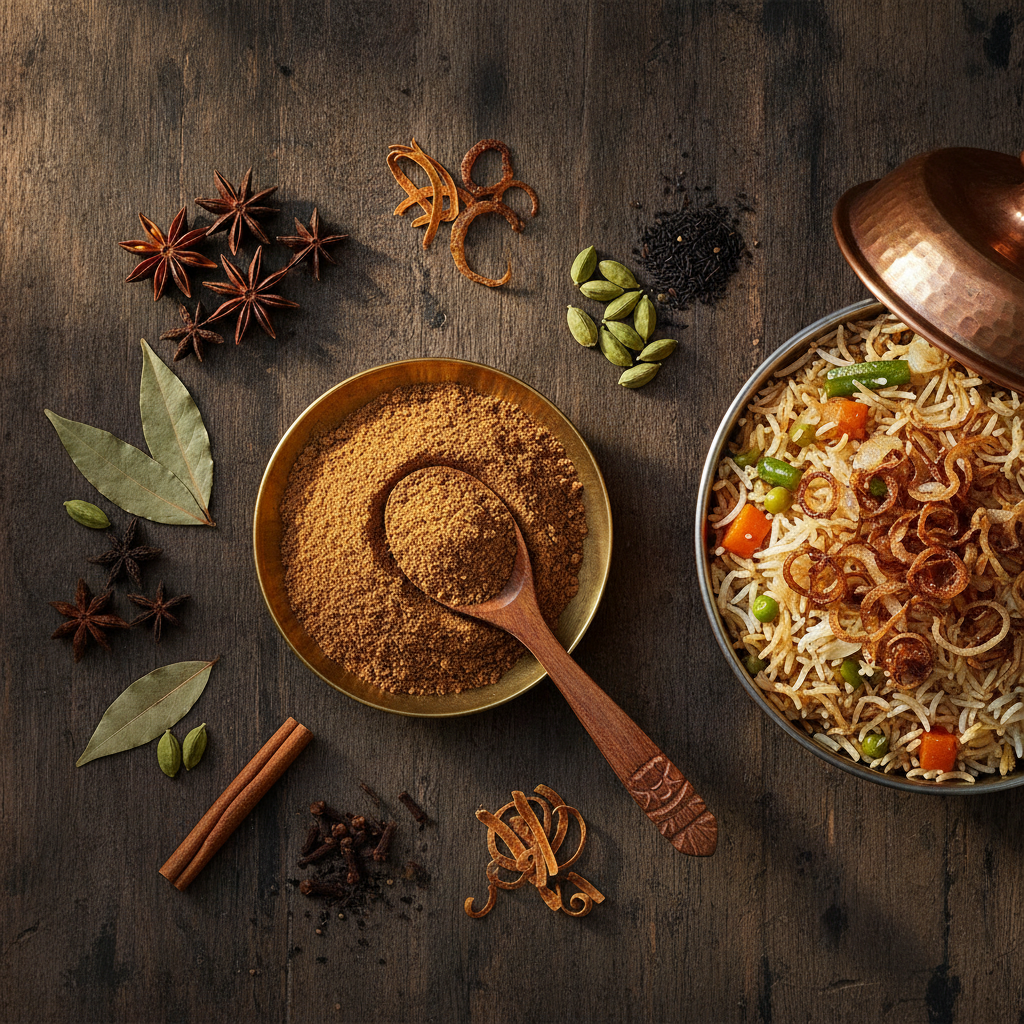 Homemade biryani masala powder in a brass bowl with star anise, cardamom, mace, bay leaves and a pot of veg biryani