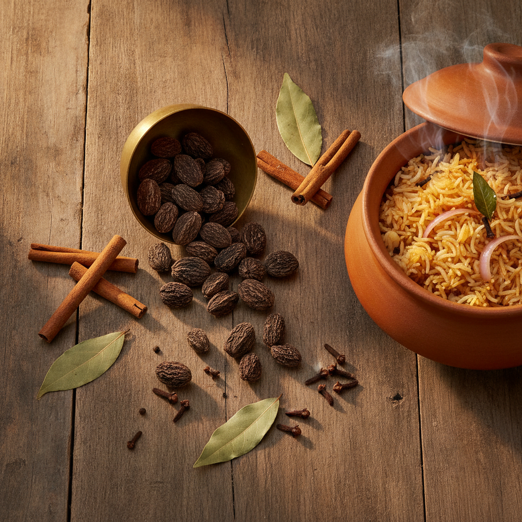 Whole black cardamom pods (badi elaichi) with garam masala whole spices and biryani rice