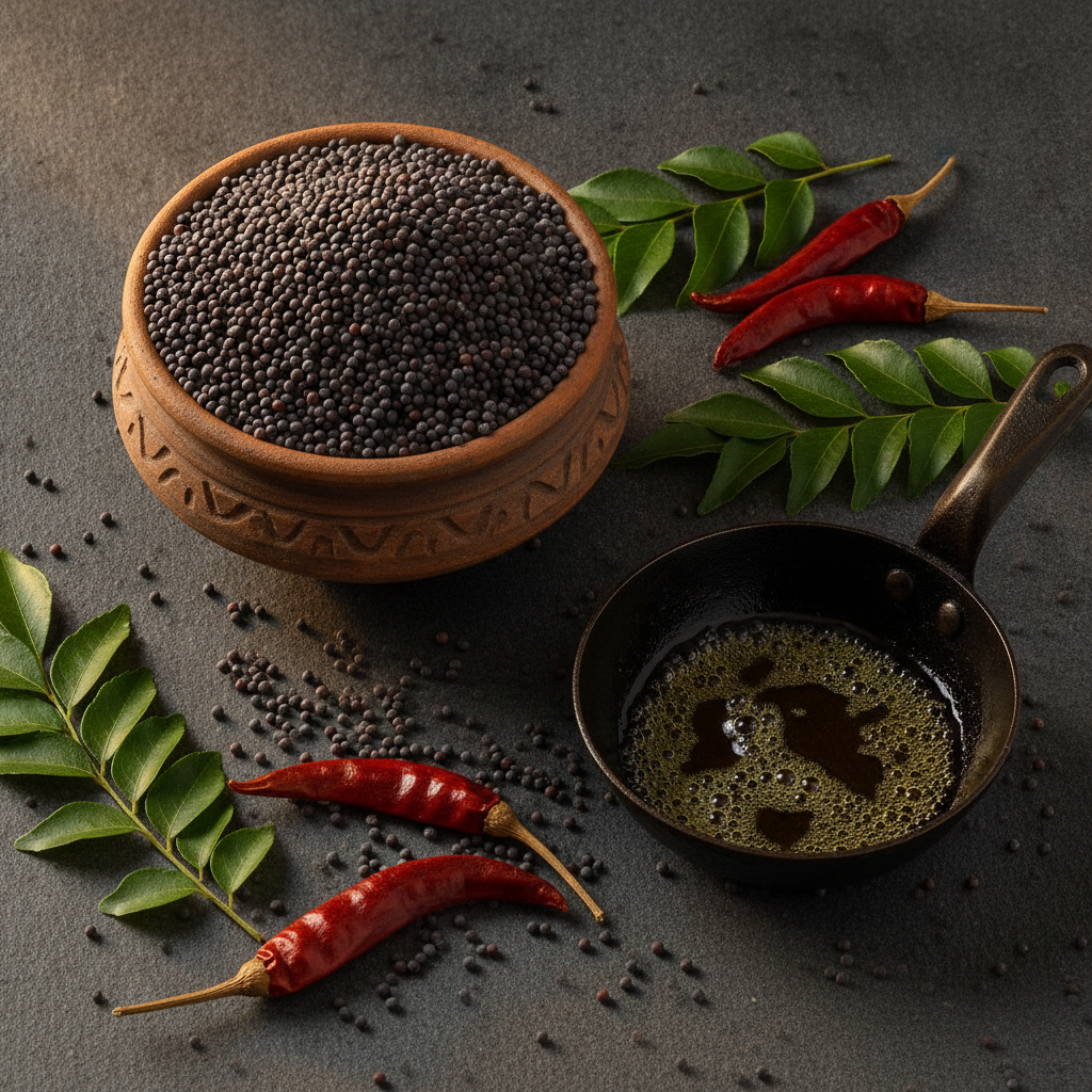 Black mustard seeds in a ceramic bowl with curry leaves and red chillies beside a tadka pan