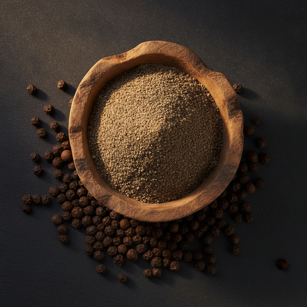 Bowl of freshly ground black pepper powder with whole peppercorns scattered around it
