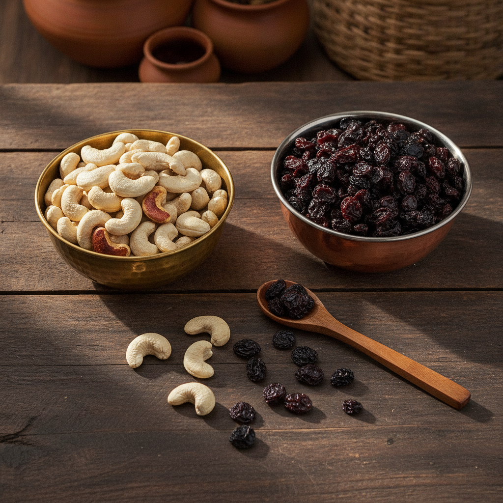 Overhead brass bowl of whole cashews and copper bowl of raisins on a dark wooden table