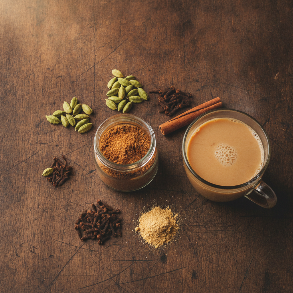 Homemade chai masala powder in a glass jar with whole cardamom, cloves, cinnamon and dry ginger beside a cup of masala chai