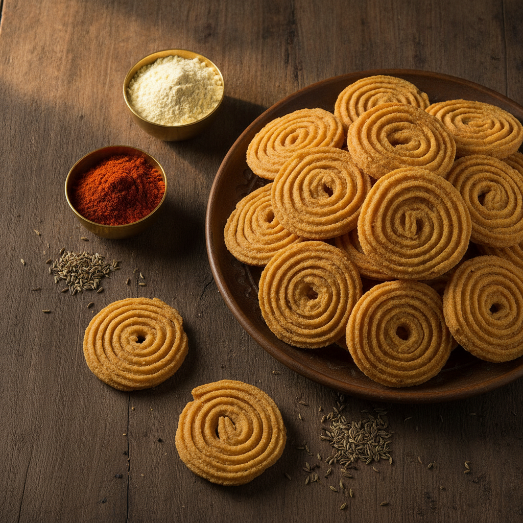 Crispy golden-brown homemade chakli spirals made with rice flour, piled on a dark ceramic plate with bowls of rice flour and red chilli powder