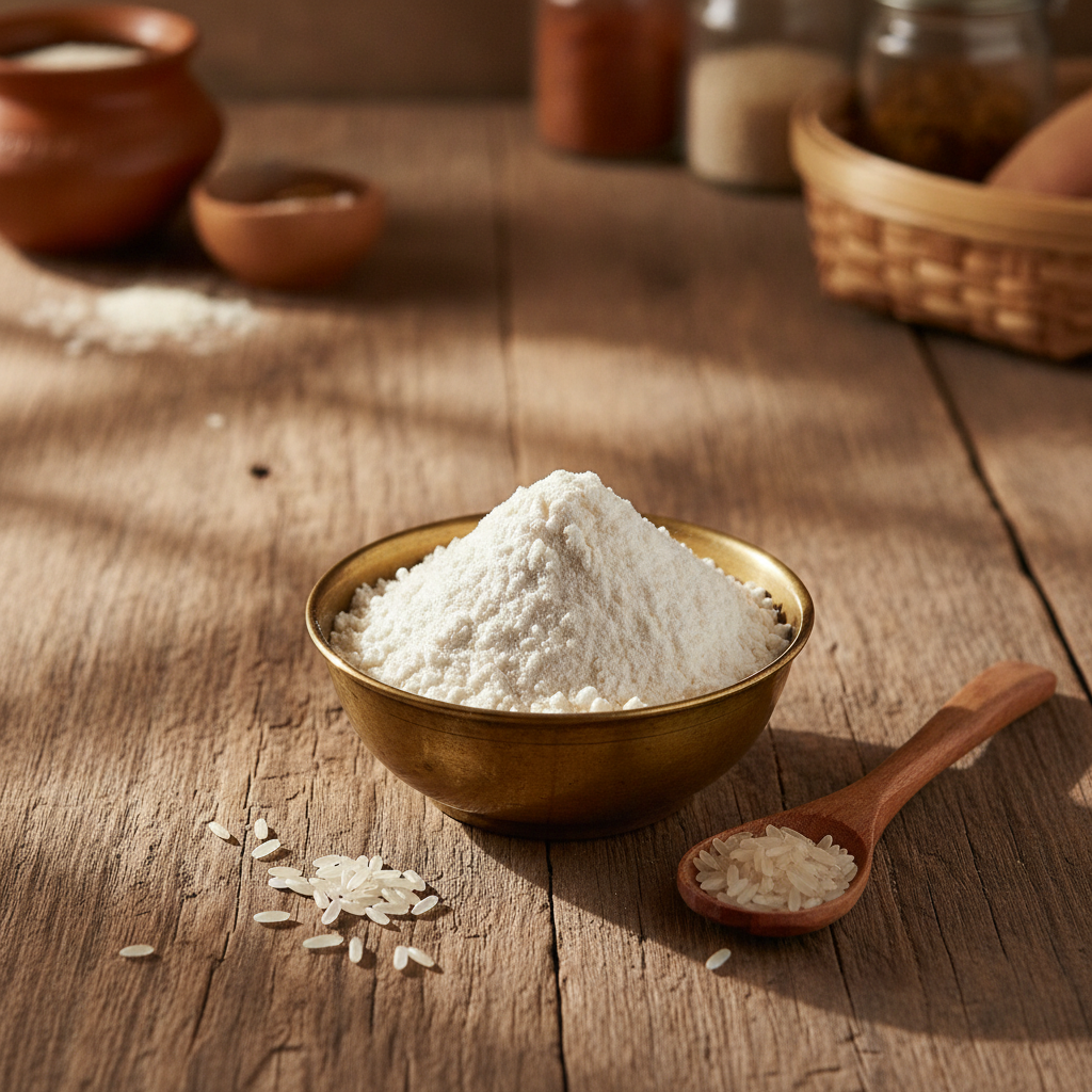 A bowl of white rice flour (chawal atta) with raw rice grains on a wooden kitchen table