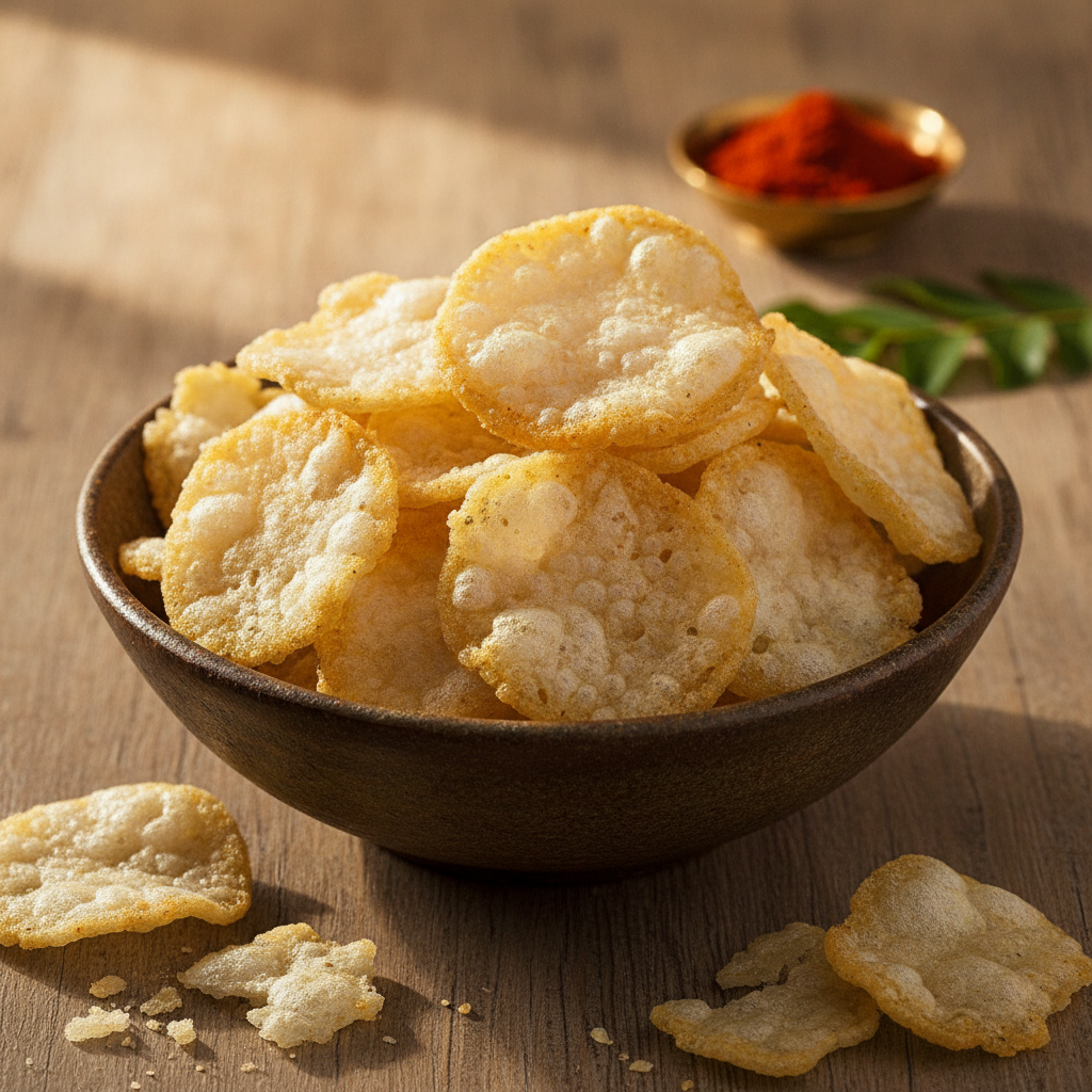 Crispy golden fried chawal chips (rice chips) piled in a bowl with raw rice wafers beside a small brass bowl of red chilli powder
