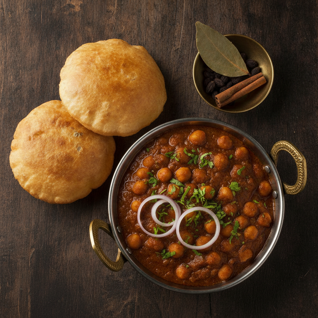 Punjabi chole masala in a copper kadai with bhature and black cardamom, bay leaf and cinnamon