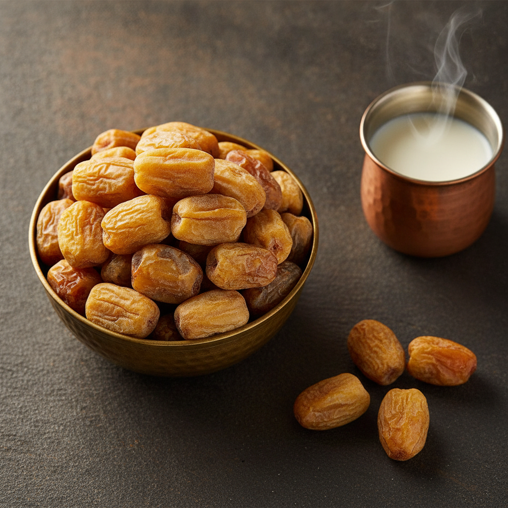 Yellow dried dates (chuwara) in a brass bowl beside a copper glass of warm milk on a dark slate surface