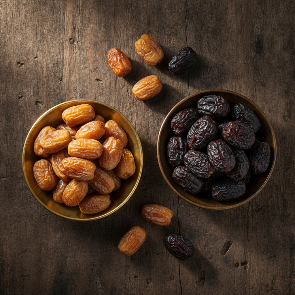 Golden peela chuwara and dark kala chuwara dried dates in bowls, overhead flat lay