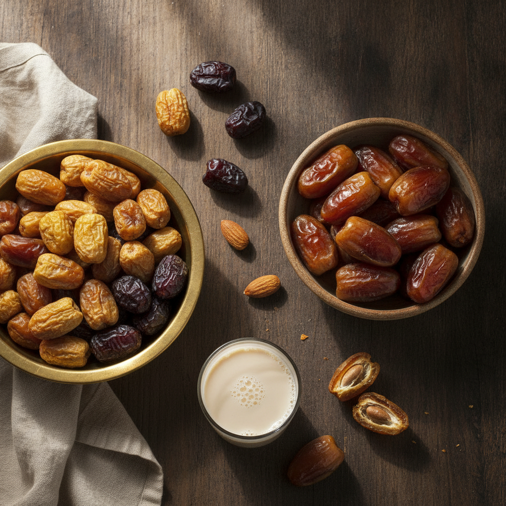 Brass bowl of golden peela chuwara and dark kala chuwara next to a bowl of soft fresh khajoor dates, with a glass of milk and almonds on dark wood