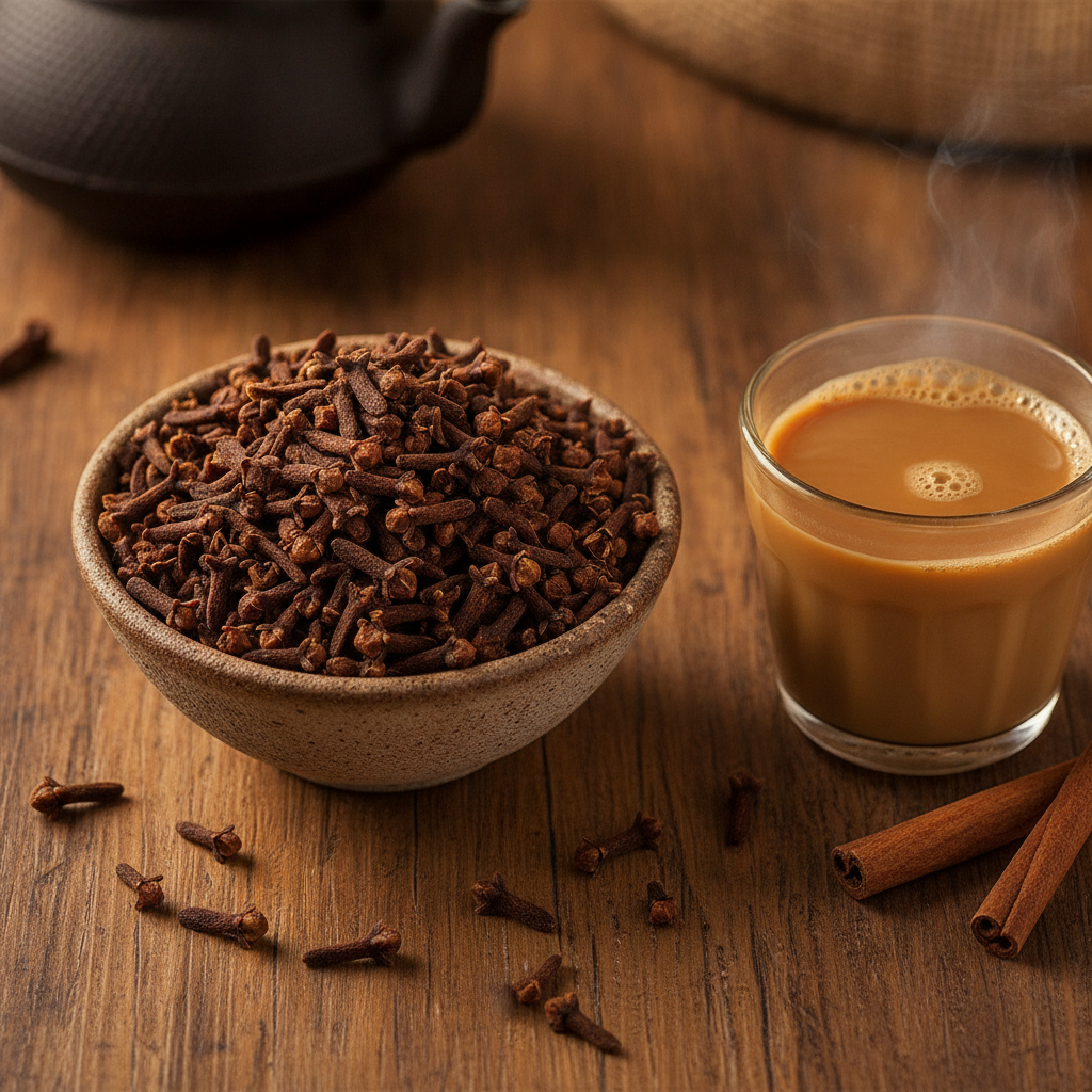 Whole dried cloves (laung) in a small bowl beside a glass of masala chai and a cinnamon stick