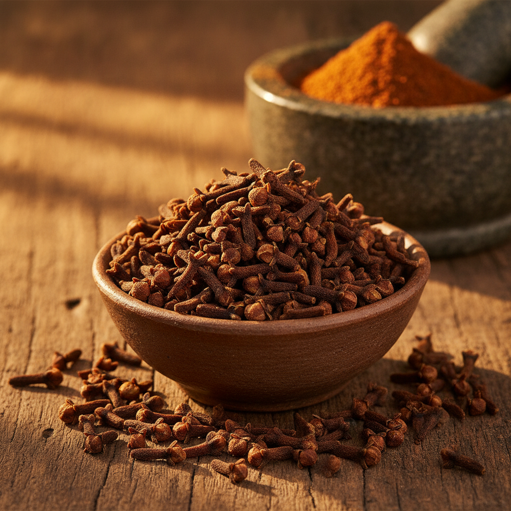Whole cloves (laung) in a ceramic bowl on a wooden surface with mortar and pestle, warm golden light