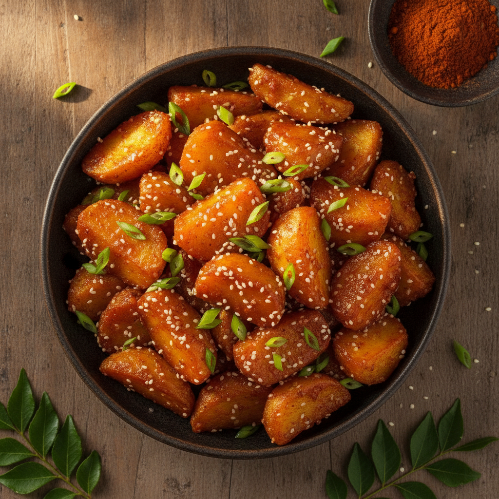 Crispy Indo-Chinese corn flour chilli potato tossed in spicy sauce, garnished with spring onions