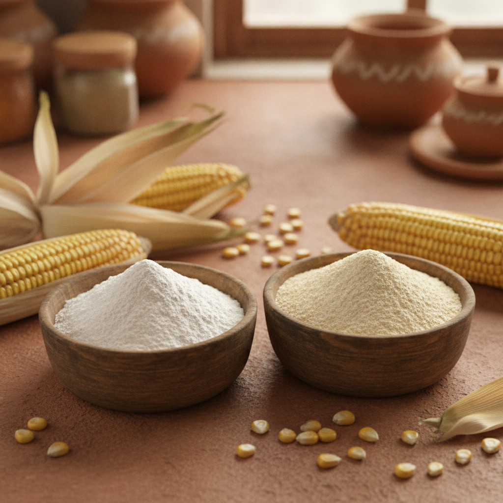White cornflour starch and yellow makai atta maize flour in two wooden bowls with corn cobs