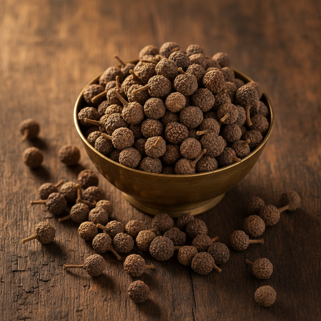 Whole cubeb pepper (kawab chini) berries in a brass bowl on a wooden table