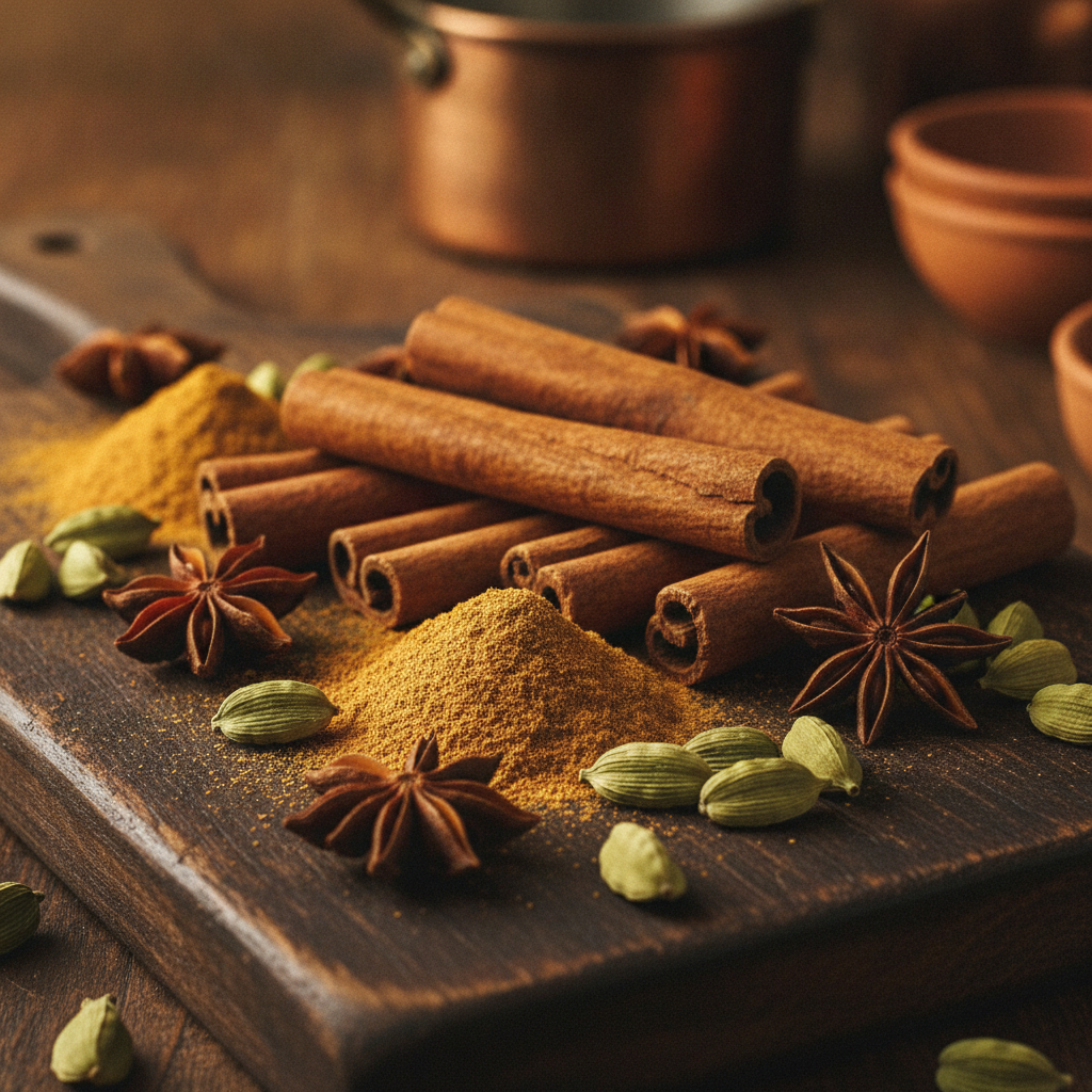 Cinnamon sticks and golden dalchini powder on dark wood with star anise and cardamom