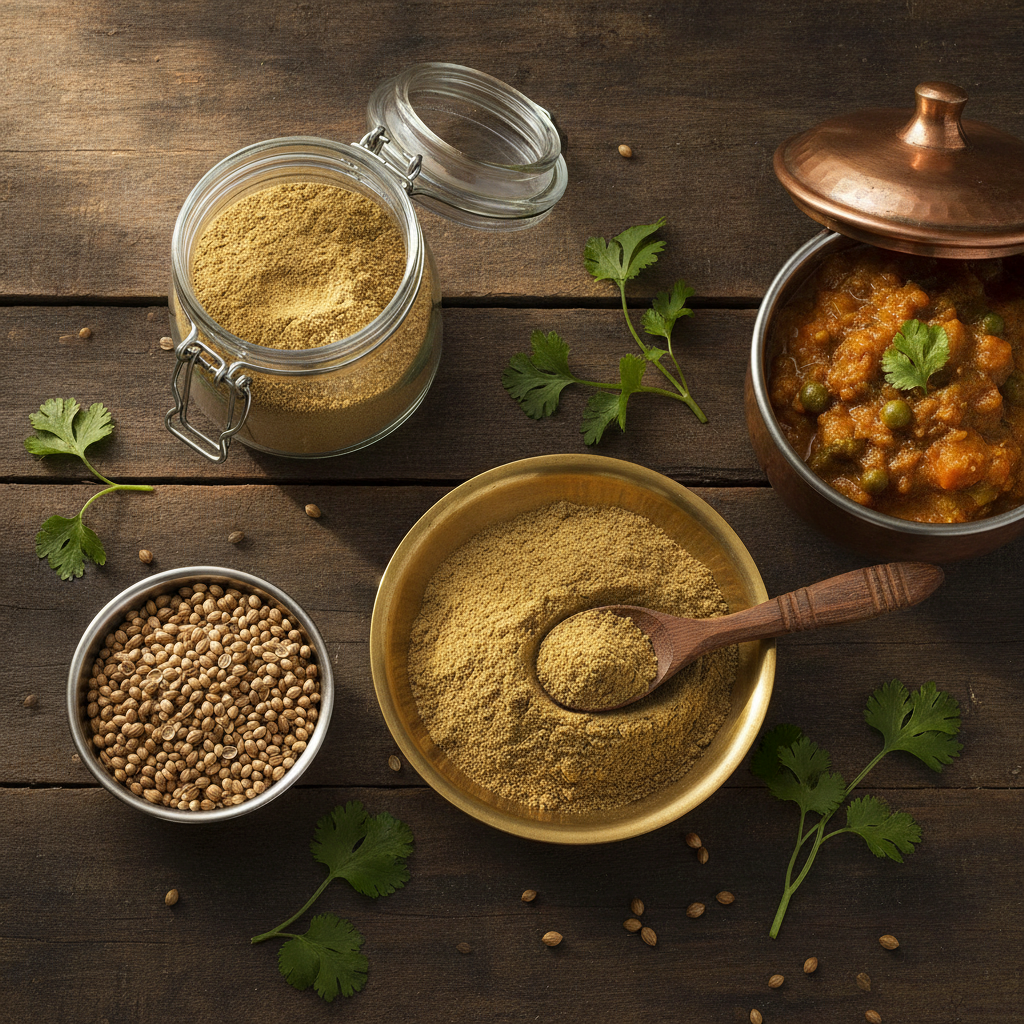 Brass bowl of fresh dhaniya powder with a wooden spoon, glass jar of coriander powder, whole coriander seeds and a vegetable curry on a dark wooden table