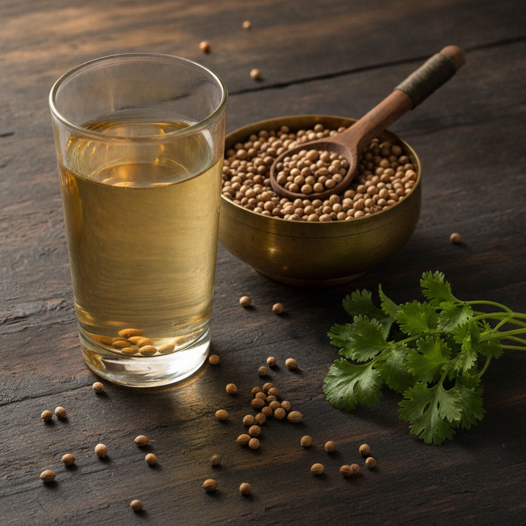 Glass of golden dhaniya water beside a brass bowl of whole coriander seeds and fresh coriander leaves on a dark wooden table