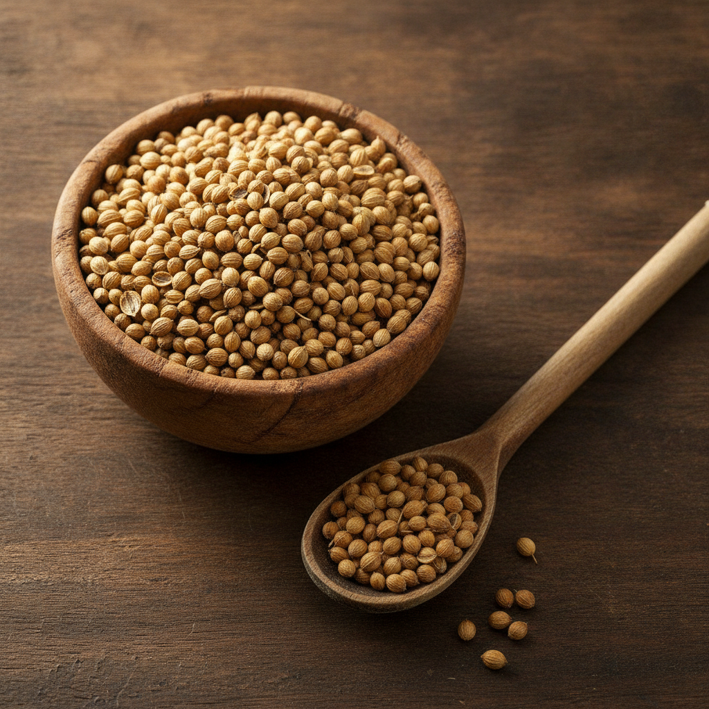 Whole dried coriander seeds (dhaniya sabut) in a rustic wooden bowl with a wooden spoon