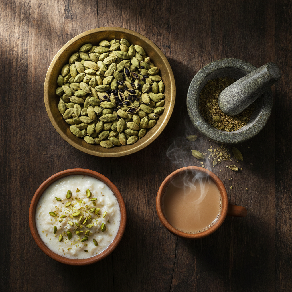Brass bowl of whole green cardamom pods with split pods, crushed elaichi in a stone mortar, masala chai and pistachio kheer on dark wood