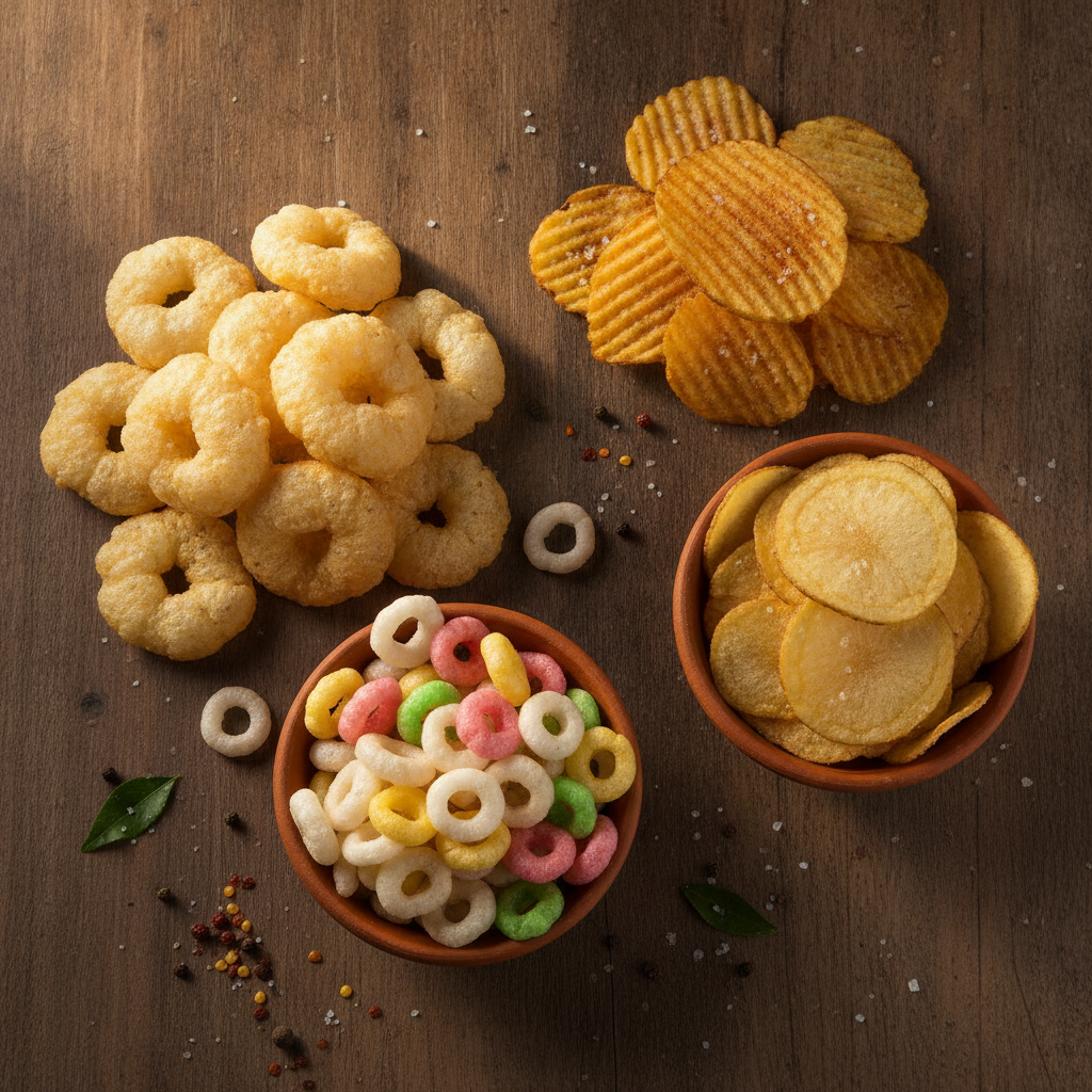 Fryums and potato chips fried and unfried side by side comparison on a wooden table