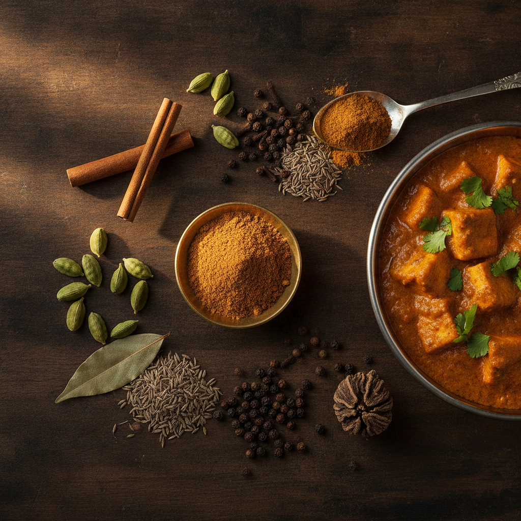 Brass bowl of garam masala powder surrounded by green cardamom, cinnamon, cloves, black pepper, cumin and bay leaf, with a bowl of paneer curry